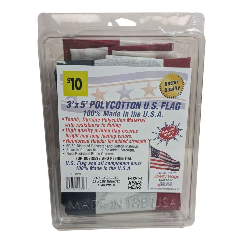 3' x 5' U.S. American Flag – Poly/Cotton – Made in USA – New in Package